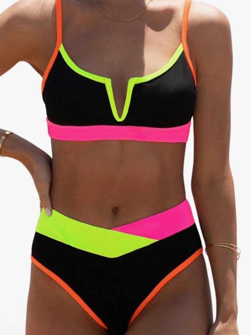 Popvil NWT M Neon Trim Black V-Notch ribbed High-Waist Bikini set